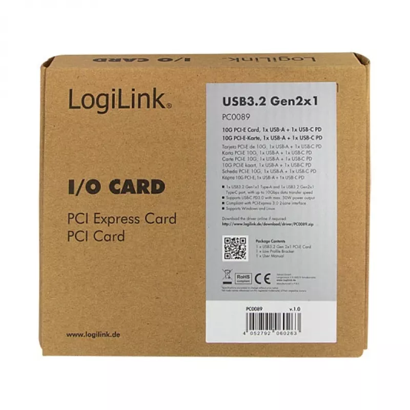 LogiLink karta PCI Express USB 3.2, 5 Gbps, 2 externé + 3 interné porty USB-A