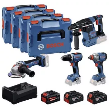 BOSCH POWERTOOLS Combo Kit 18V akumulátorový vŕtací skrutkovač, rázový uťahovač, vŕtacie kladivo, uhlová brúska (sada 4 nástrojov)