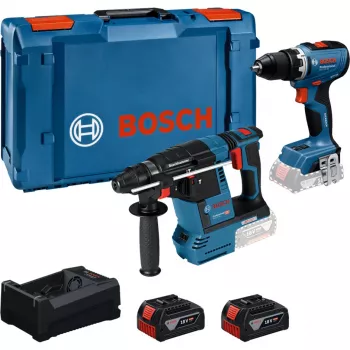 BOSCH PowerTools Sada Akumulátorová príklepová vŕtačka 18V 65 + Akumulátorové kladivo 18V 26 s 2 batériami 5 Ah a nabíjačkou (Sada)