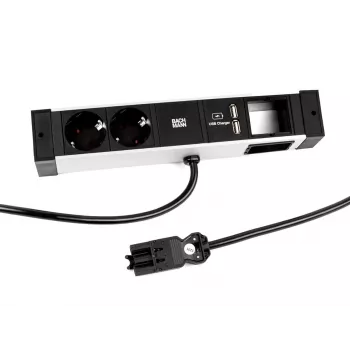 Bachmann DESK Rail zásuvkový blok s 2 zásuvkami Schuko a 2 USB nabíjacími portami, 2m kábel, strieborná/čierna