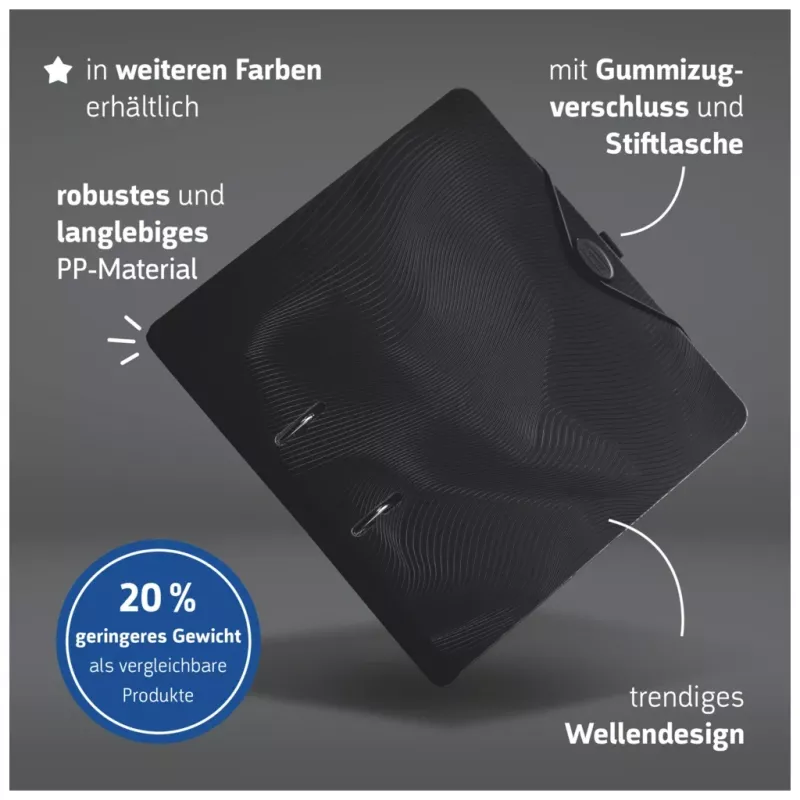BRUNNEN WAVE pákový zakladač Onyx Black plast 7,0 cm DIN A4