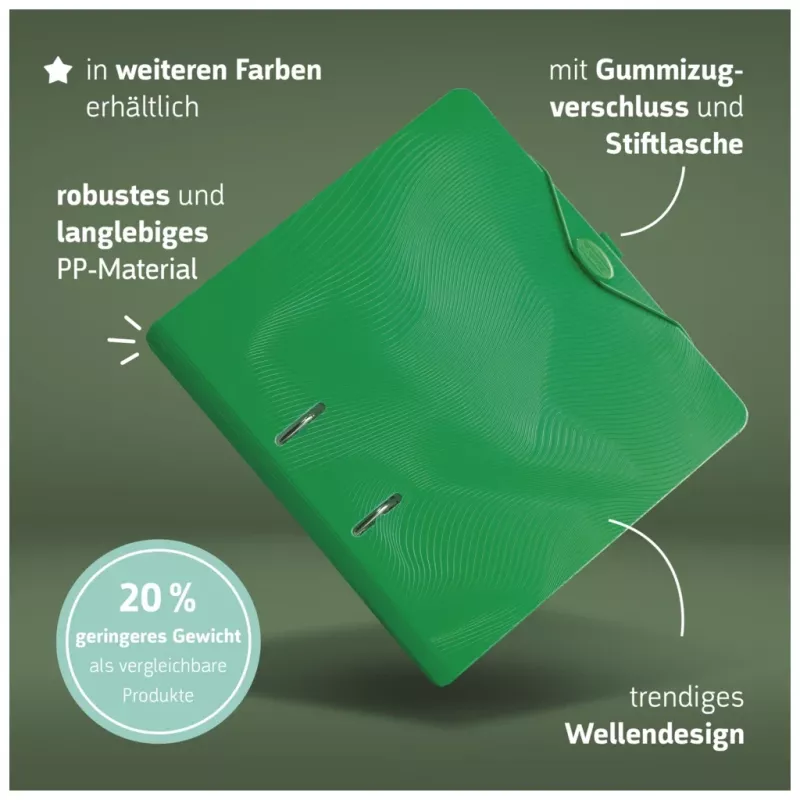 BRUNNEN WAVE zakladač s pákovým mechanizmom zelený plast 7,0 cm DIN A4