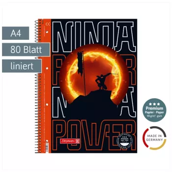 BRUNNEN College blok Ninja Power Lineatura 27 linajkovaný DIN A4 s vnútorným okrajom, 80 listov, špirálová väzba, 4-násobne dierovaný, perforovaný, 70 g/m2, biely