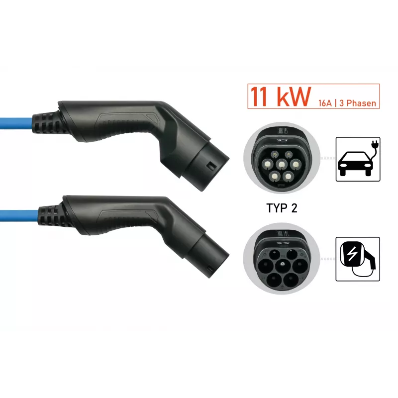 kabelmeister® EV nabíjací kábel Mode 3, Type 2 konektor samec na konektor samica, 3-fázový, 16 A, 11 kW, modrý, 5 m