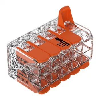 WAGO 221-420 kompaktný spojovací konektor s páčkami, 10-vodičový, 0,2-4 mm², transparentné puzdro, oranžová páčka, balenie 10 ks