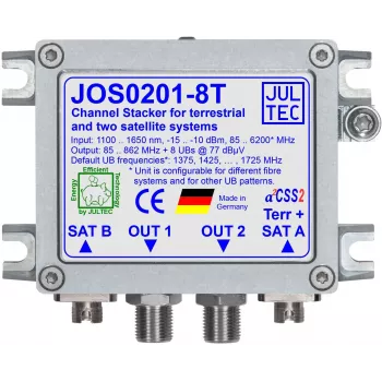 JULTEC JOS0201-8T Unicable II / JESS single cable konvertor s 2x optickým satelitným a 1x optickým terestriálnym vstupom, 8x F-Type výstup, FC/PC konektor