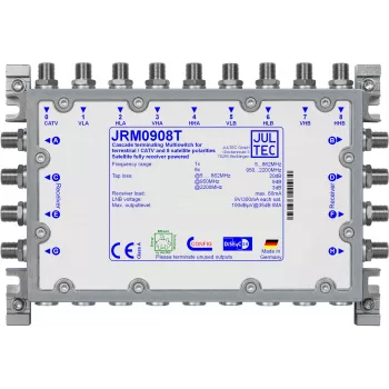 JULTEC JRM0908T 9/8 multiswitch satelitný distribučný prepínač 8 SAT IF vstupov 1 terestriálny vstup 8 účastníckych výstupov
