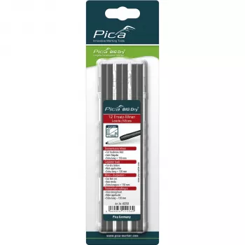 PICA BIG DRY náhradné tuhy pre stolárov 2H - 12 tuh, obdĺžnikové 2x5 mm, 150 mm, čierny grafit