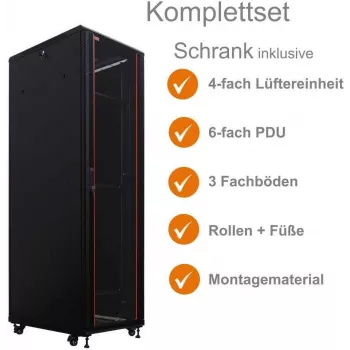 IT-BUDGET 19-palcový sieťový rack SRK - kompletná sada - 42U - 600x800 mm - sklenené/ocelené dvere - 4 aktívne ventilátory - PDU - police - Flatpack - čierny (90ITB19SRK4268GS)