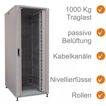 IT-BUDGET 19-palcový sieťový rozvádzač SRK - 42U - ŠxH 800x800 mm - priehľadné/ocelené dvere - káblové kanály - Flatpack - svetlosivý (90ITB19SRK4288GGN)
