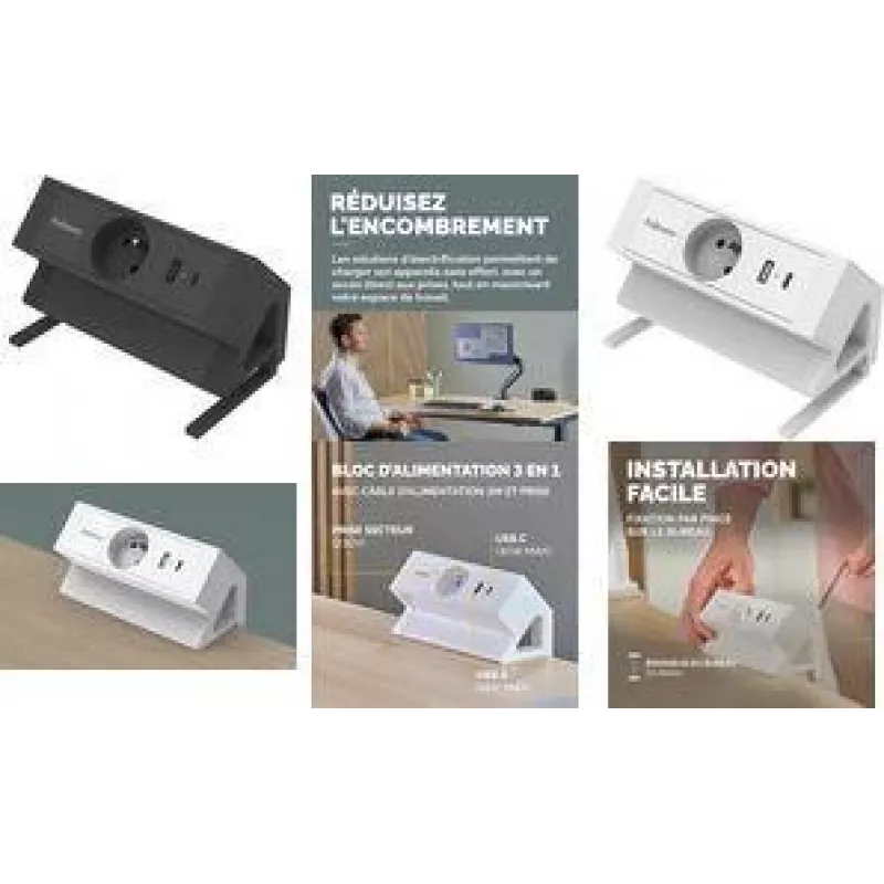 Fellowes Power Desk stolová predlžovacia zásuvka typ E biela 3 AC zásuvky 2 USB-A 2m kábel