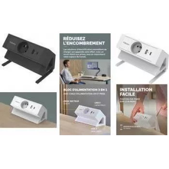 Fellowes Power Desk stolová predlžovacia zásuvka Type E biela 3 AC zásuvky 2 USB-A 2m kábel