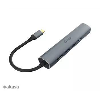 Akasa AK-CBCA22-18BK USB-C multiport adaptér - USB 3.2 Gen 1 Type-C na HDMI, RJ-45, USB-A - hliník - čierny - 18 cm