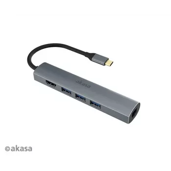 Akasa AK-CBCA22-18BK USB-C multiport adaptér - USB 3.2 Gen 1 Type-C na HDMI, RJ-45, USB-A - hliník - čierny - 18 cm