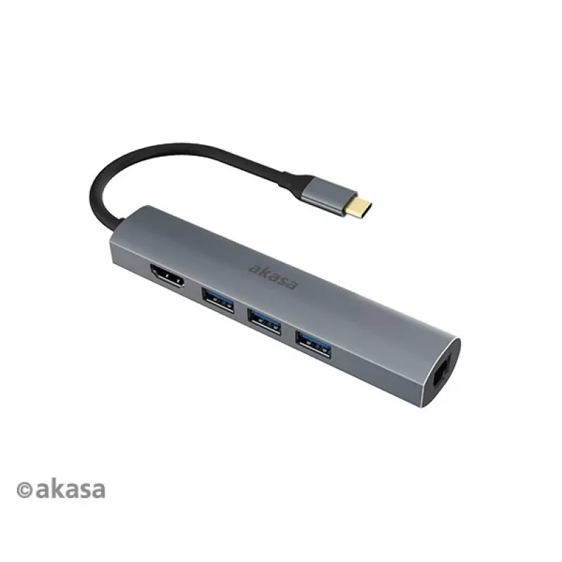 Akasa AK-CBCA22-18BK USB-C multiport adaptér - USB 3.2 Gen 1 Type-C na HDMI, RJ-45, USB-A - hliník - čierny - 18 cm