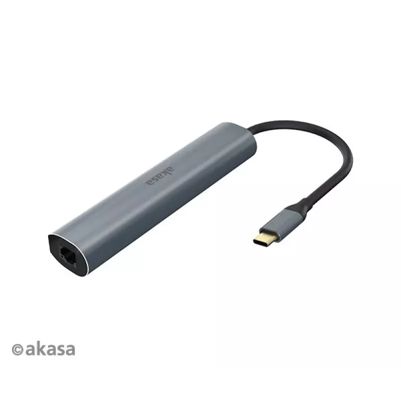 Akasa AK-CBCA22-18BK USB-C multiport adaptér - USB 3.2 Gen 1 Type-C na HDMI, RJ-45, USB-A - hliník - čierny - 18 cm