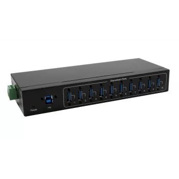 Exsys USB 3.2 Gen 1 10-portový kovový hub s DIN lištou, VIA VL811+ čipset, 5 Gbps, 5V/4A napájací zdroj, 1,8m kábel