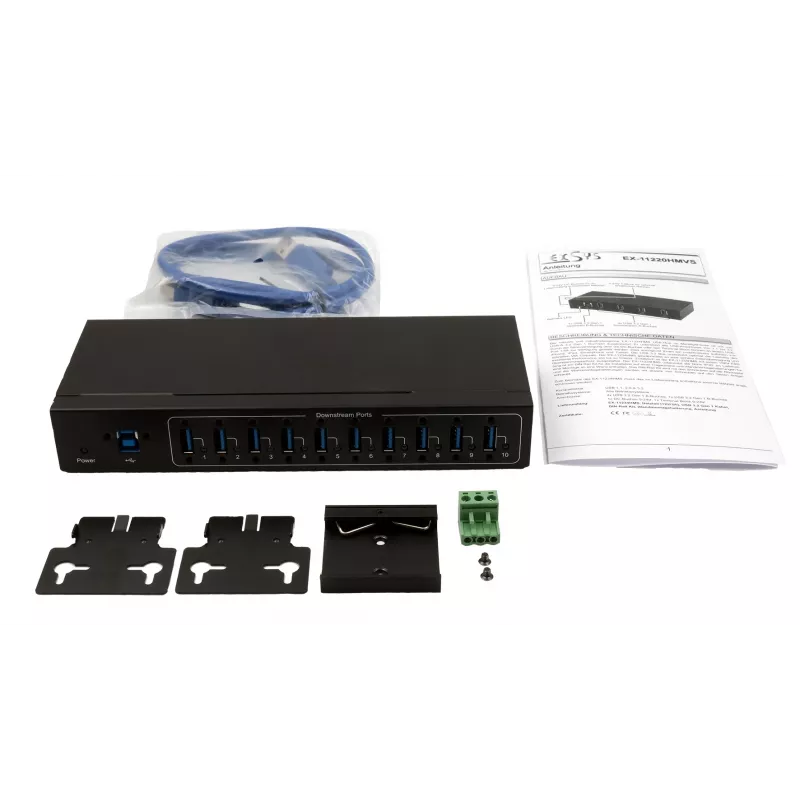 Exsys USB 3.2 Gen 1 10-portový kovový hub s DIN lištou, VIA VL811+ čipset, 5 Gbps, 5V/4A napájací zdroj, 1,8m kábel