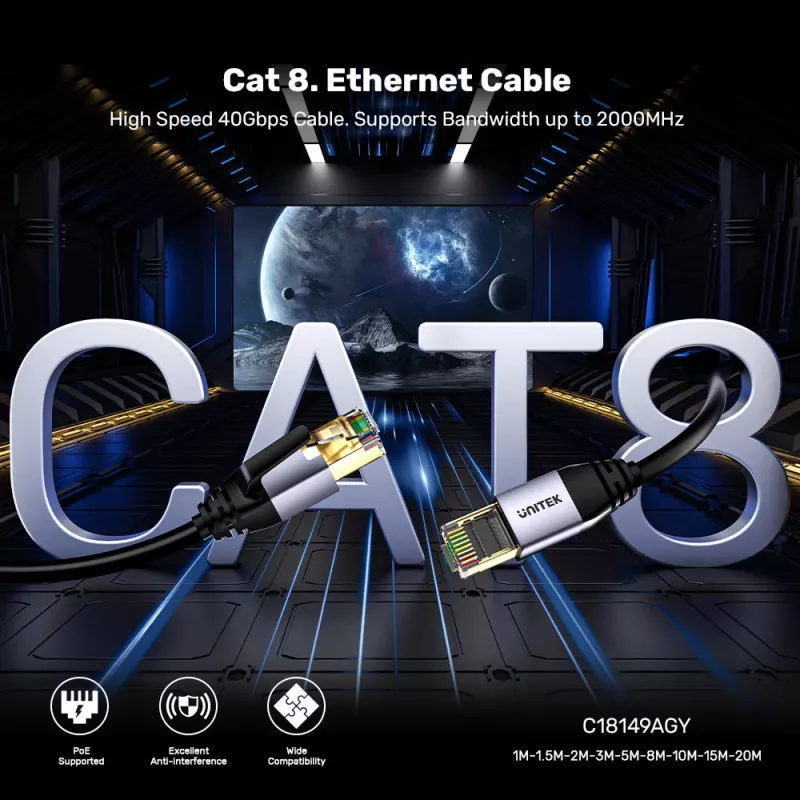 UNITEK Cat.8 S/FTP Ethernet patch kábel RJ45 15m čierny