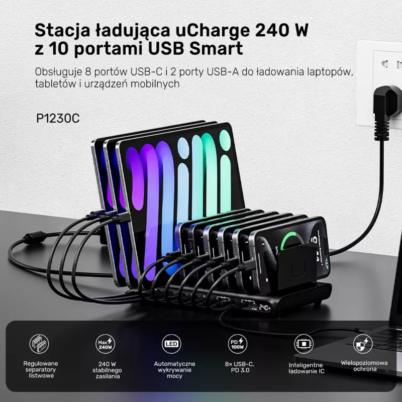 UNITEK 10-port USB-C & USB-A 240W nabíjacia stanica