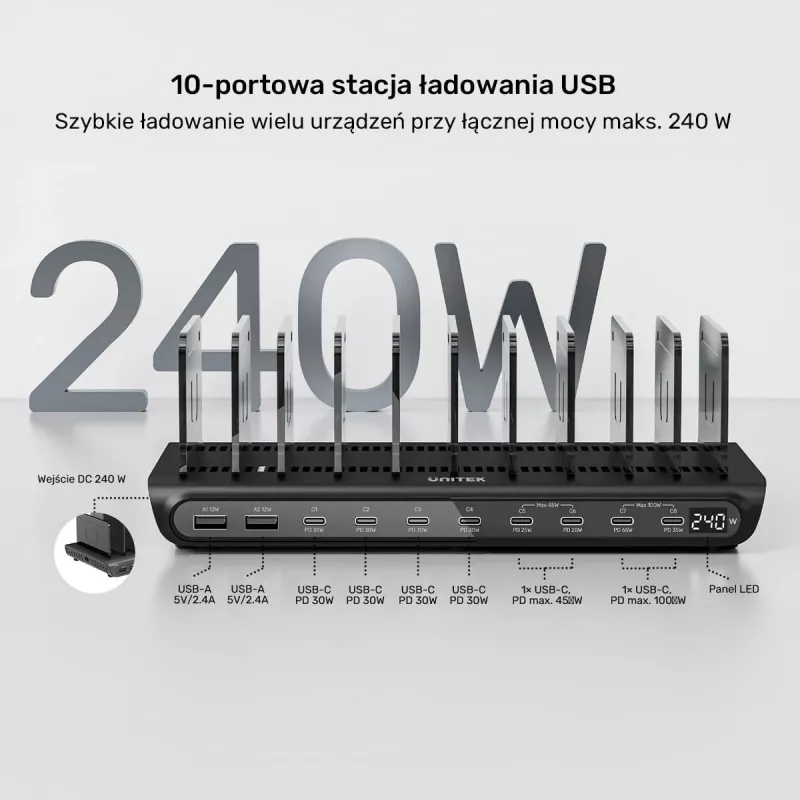 UNITEK 10-port USB-C & USB-A 240W nabíjacia stanica