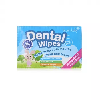 BRUSH BABY dentálne obrúsky s xylitolom na čistenie ďasien a mliečnych zubov 0-16 mesiacov 28 obrúskov