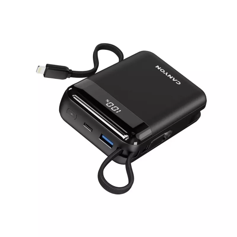 Canyon OnPower 204 20000 mAh Powerbank s USB-C a Lightning káblami, čierna