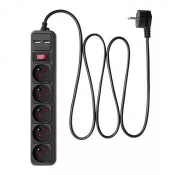 Akyga AK-SP-05U predlžovacia zásuvka s prepäťovou ochranou, 5x CEE 7/5 (Typ E), 2x USB-A, 1,8 m, čierna