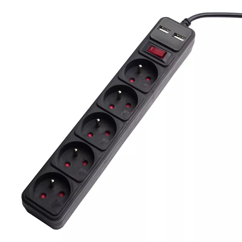 Akyga AK-SP-05U predlžovacia zásuvka s prepäťovou ochranou, 5x CEE 7/5 (Typ E), 2x USB-A, 1,8 m, čierna