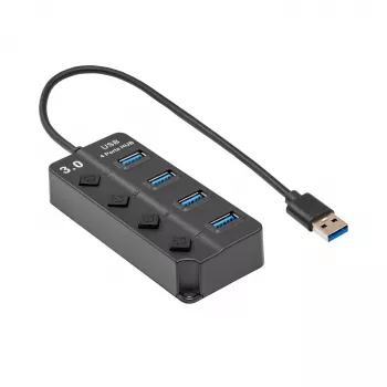 Akyga AK-AD-33 aktívny USB-3.0 hub, 4 porty s jednotlivými vypínačmi, 15 cm, čierny
