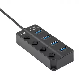 Akyga AK-AD-33 aktívny USB-3.0 hub, 4 porty s jednotlivými vypínačmi, 15 cm, čierny