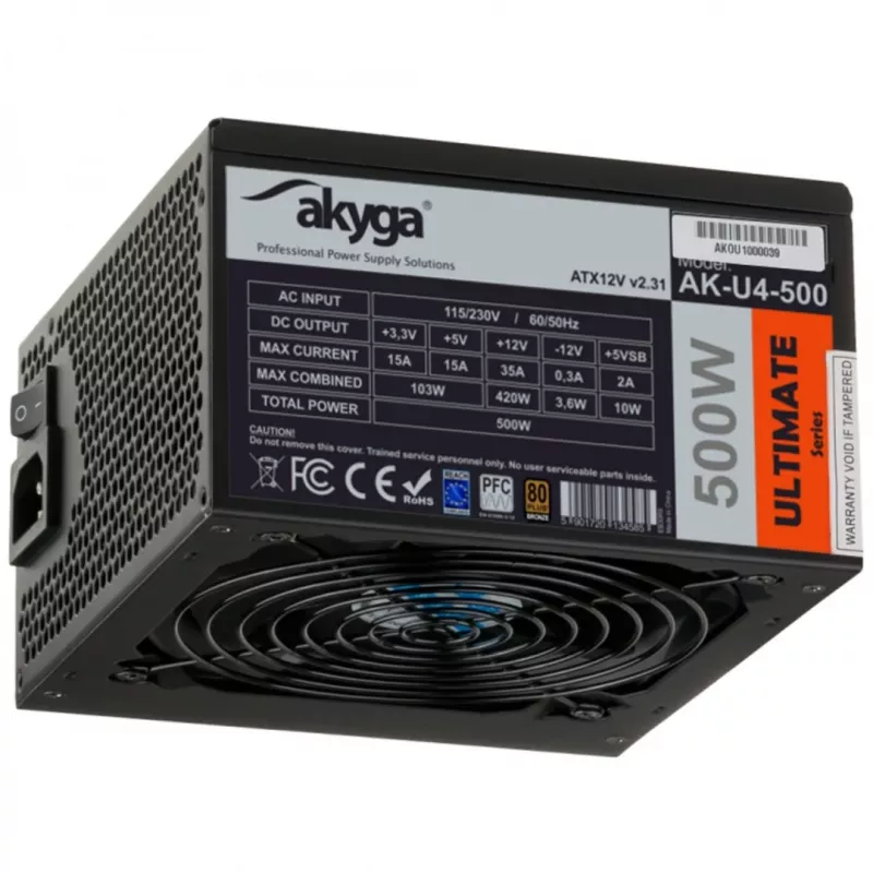 Akyga Ultimate AK-U4-500 ATX napájací zdroj 500 W, 80 PLUS Bronze, aktívne PFC, 120-mm ventilátor