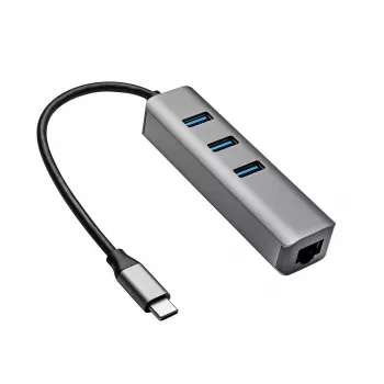 Akyga AK-AD-66 USB-C hub s 3x USB 3.0 a Gigabit Ethernet, 15 cm, čierny