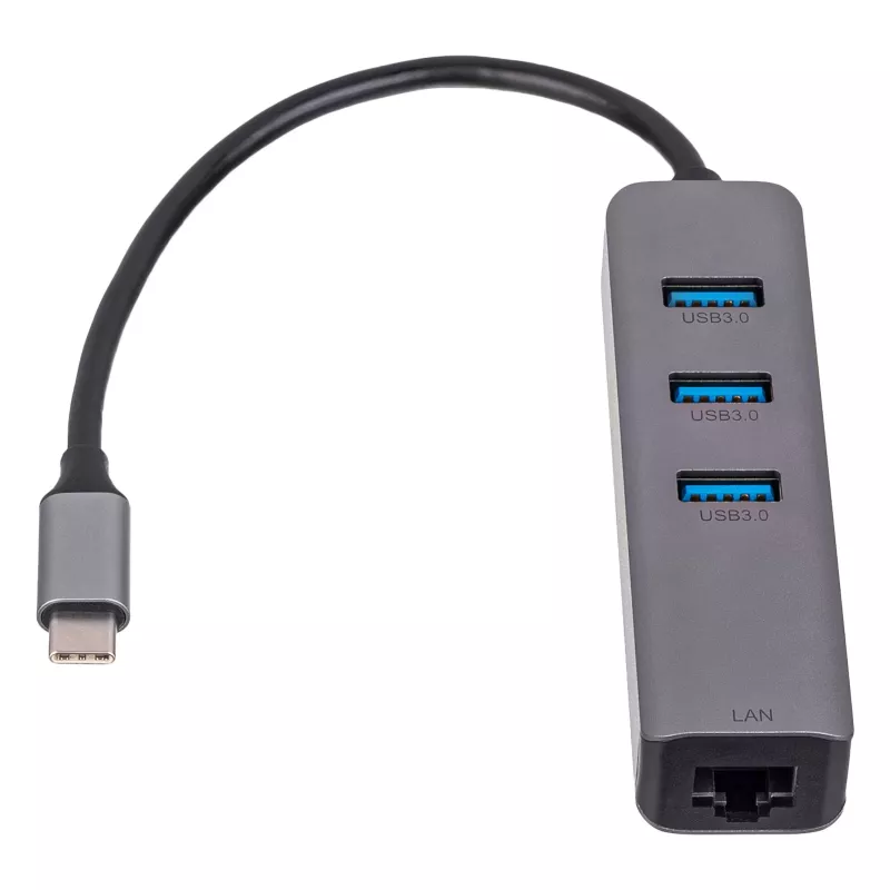 Akyga AK-AD-66 USB-C hub s 3x USB 3.0 a Gigabit Ethernet, 15 cm, čierny