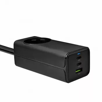 Akyga AK-CH-21 GaN USB nabíjačka 65 W, 2 x USB-C + USB-A, so zásuvkou, 1,5 m, čierna