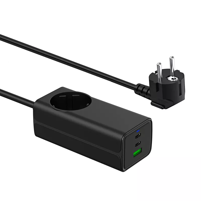 Akyga AK-CH-21 GaN USB nabíjačka 65 W, 2 x USB-C + USB-A, so zásuvkou, 1,5 m, čierna