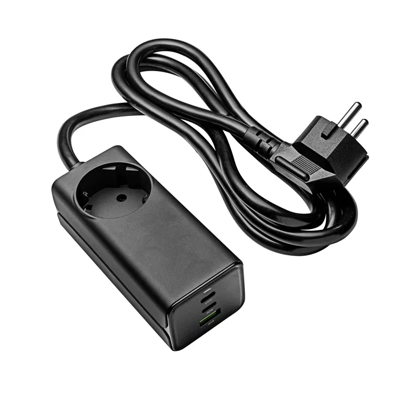 Akyga AK-CH-21 GaN USB nabíjačka 65 W, 2 x USB-C + USB-A, so zásuvkou, 1,5 m, čierna