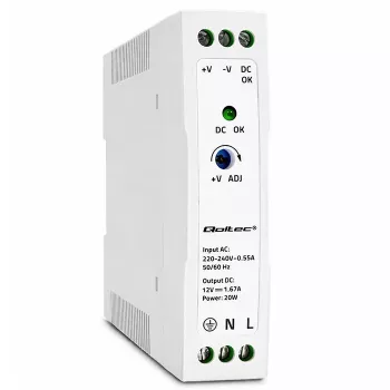 Qoltec DIN lištový napájací zdroj 20W 12V 1.67A biely slim