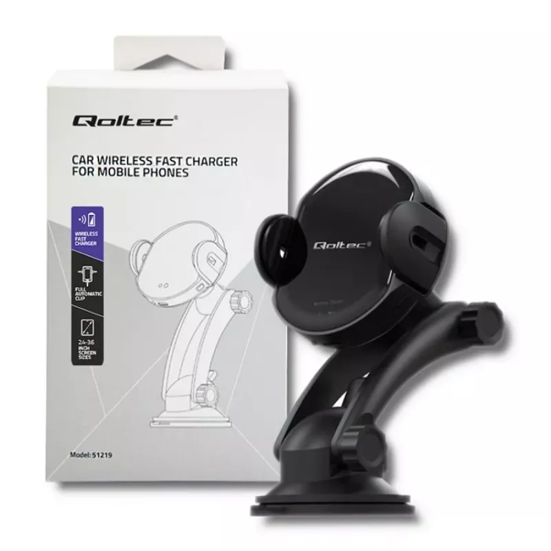 Qoltec PRO bezdrôtová nabíjačka do auta s IR držiakom 15W QC 3.0 USB Type-C čierna
