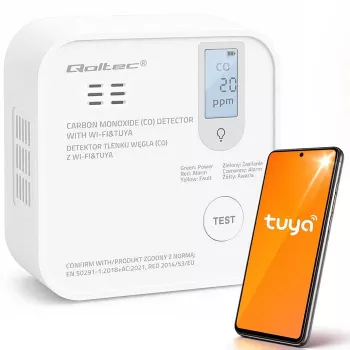 Qoltec certifikovaný bezdrôtový detektor oxidu uhoľnatého (CO) s batériou, CO detektor, TUYA, Wi-Fi, životnosť senzora 10 rokov, 85dB alarm, LED