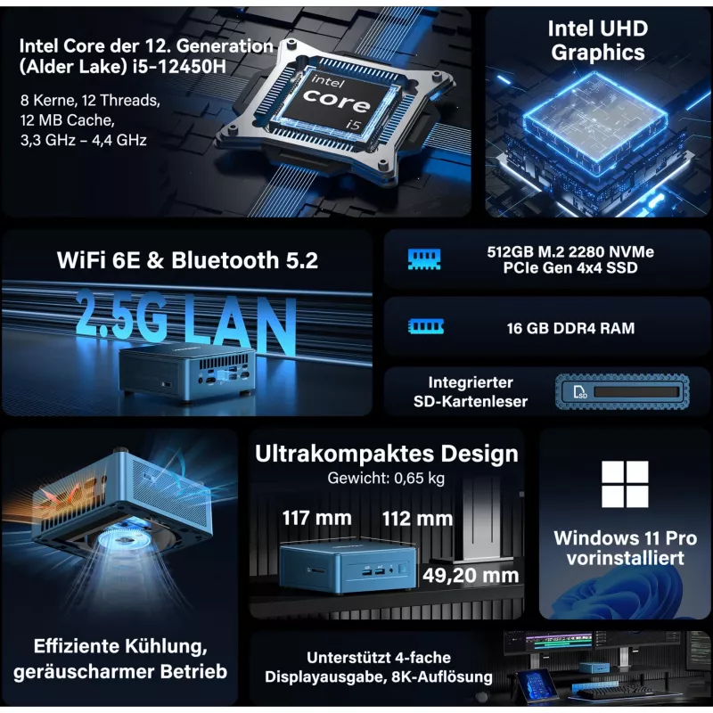 GEEKOM IT12 Mini PC, Intel Core i7-1260P, 16GB RAM, 500GB SSD, Windows 11 Pro, modrý