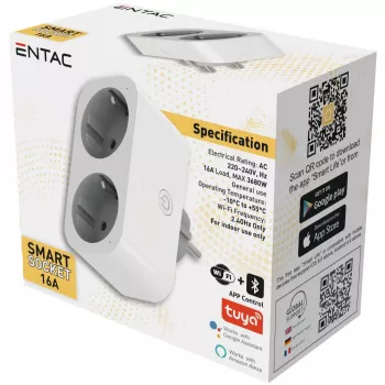 ENTAC Smart WiFi dvojitý adaptér zásuvky ES-DSA-WIBLE, biela, 2 zásuvky, 3680 W