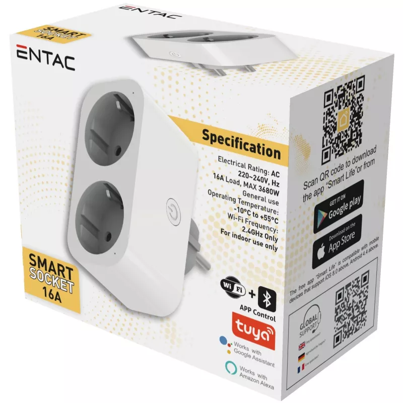 ENTAC Smart WiFi dvojitý adaptér zásuvky ES-DSA-WIBLE, biely, 2 zásuvky, 3680 W