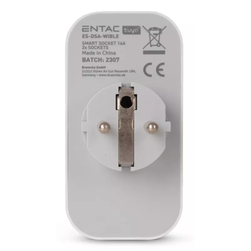 ENTAC Smart WiFi dvojitý adaptér zásuvky ES-DSA-WIBLE, biely, 2 zásuvky, 3680 W