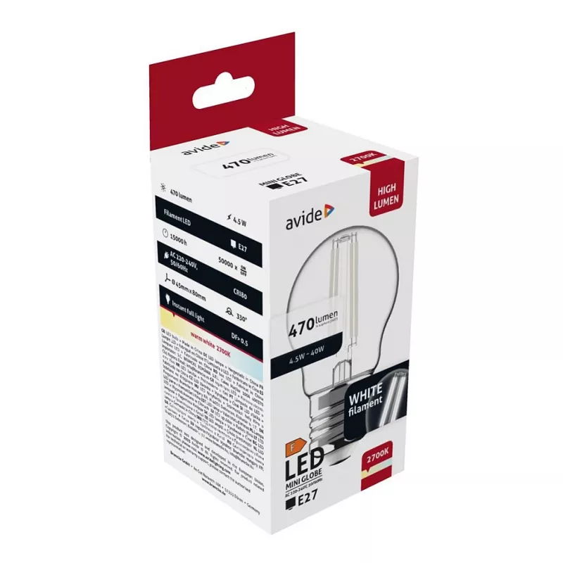 Avide LED žiarovka White Filament Mini Globe 4,5W E27 teplá biela 2700K