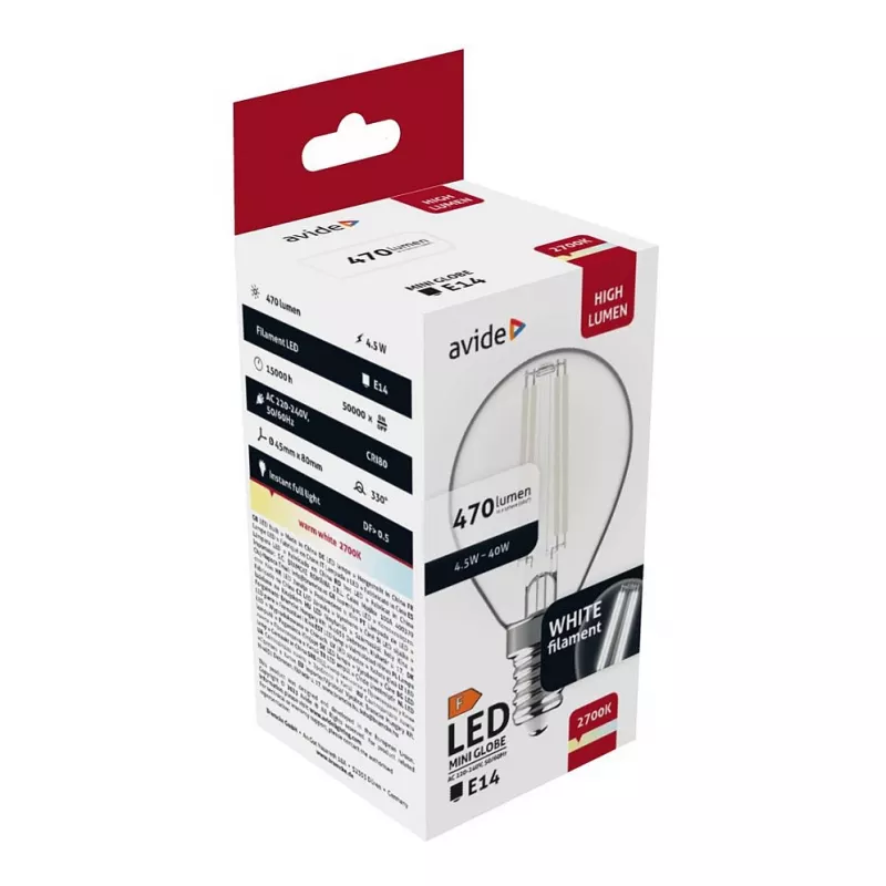 Avide LED Filament Mini Globe žiarovka 4,5W E14 teplá biela 2700K