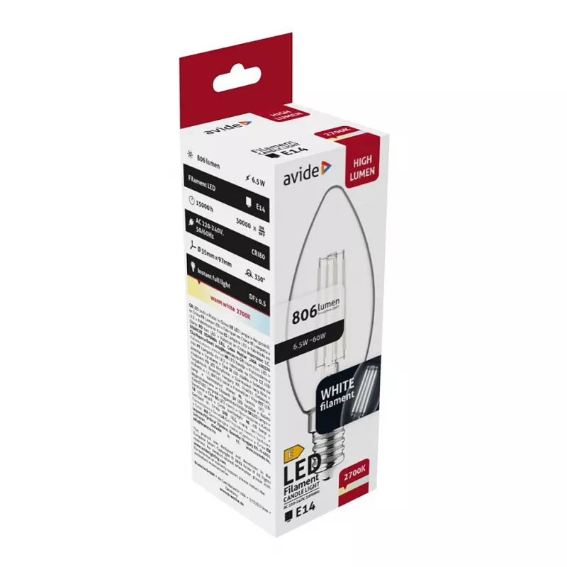 Avide LED Filament sviečková žiarovka 6,5W E14 teplá biela 2700K