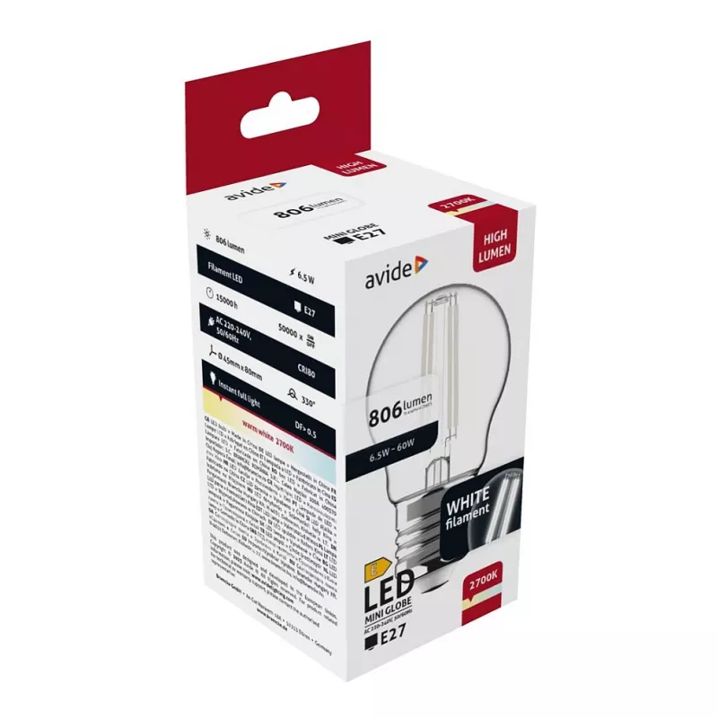 Avide LED Filament Mini Globe 6,5W E27 teplá biela 2700K