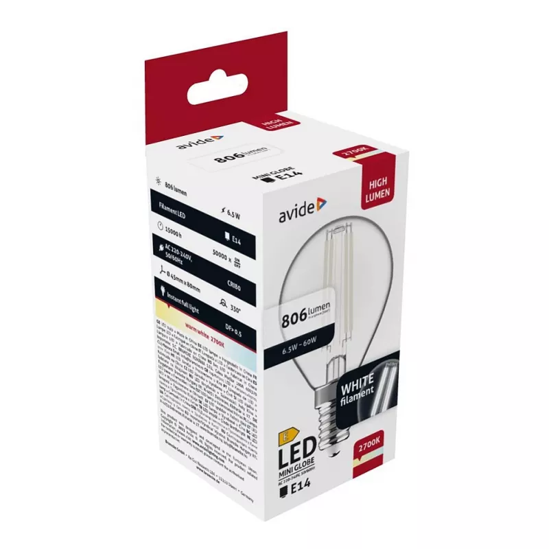 Avide LED žiarovka White Filament Mini Globe 6,5W E14 teplá biela 2700K