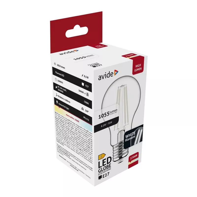 Avide LED Filament Globe žiarovka 8,5W E27 teplá biela 2700K